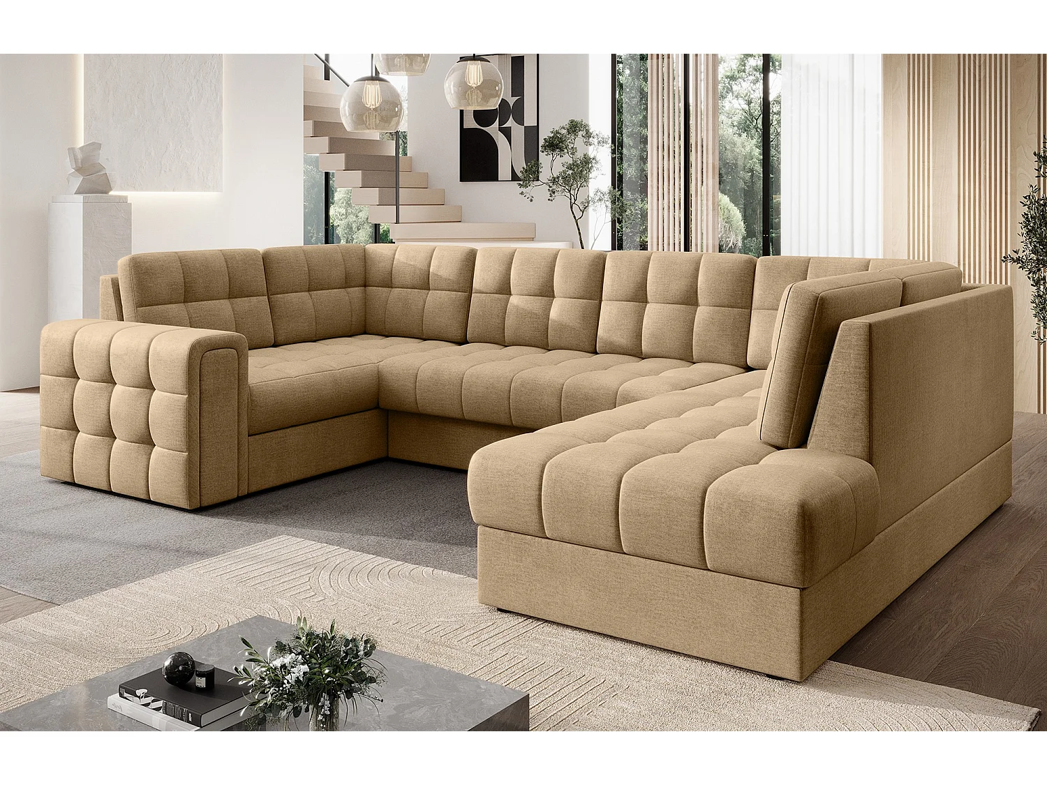 Espace séjour Ariane UR/fonction couchage/coffre-lit/revêtement tissu/Beige