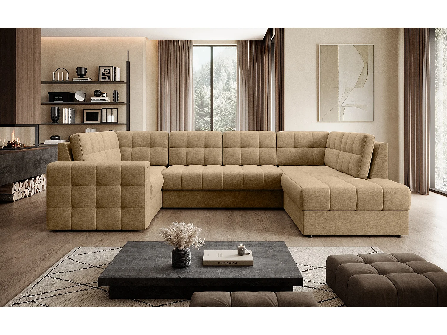 Espace séjour Ariane UR/fonction couchage/coffre-lit/revêtement tissu/Beige