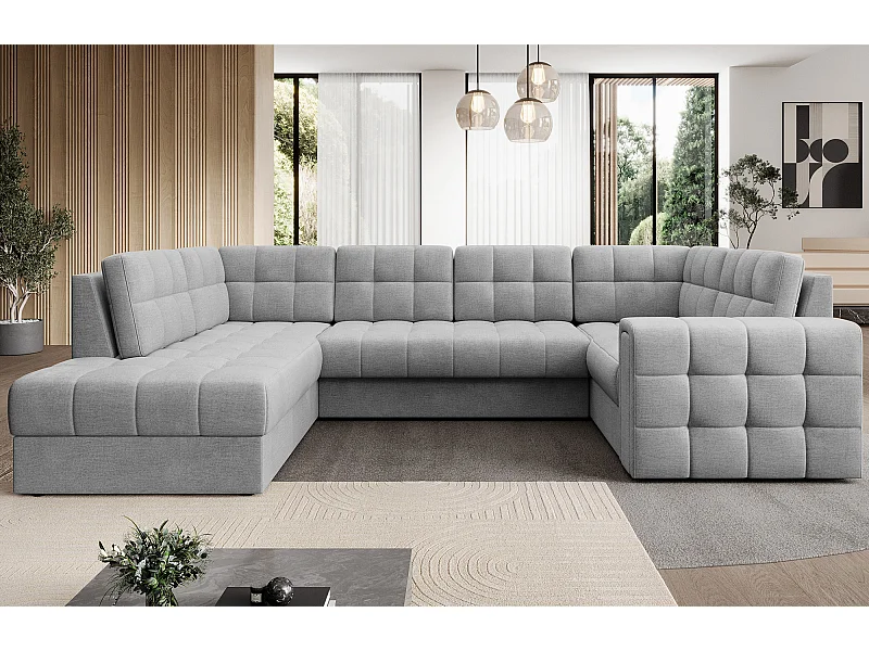 Canapé panoramique BLOOM tissu capitonné - Rangement et convertible-Gris clair-Coffre de rangement à gauche