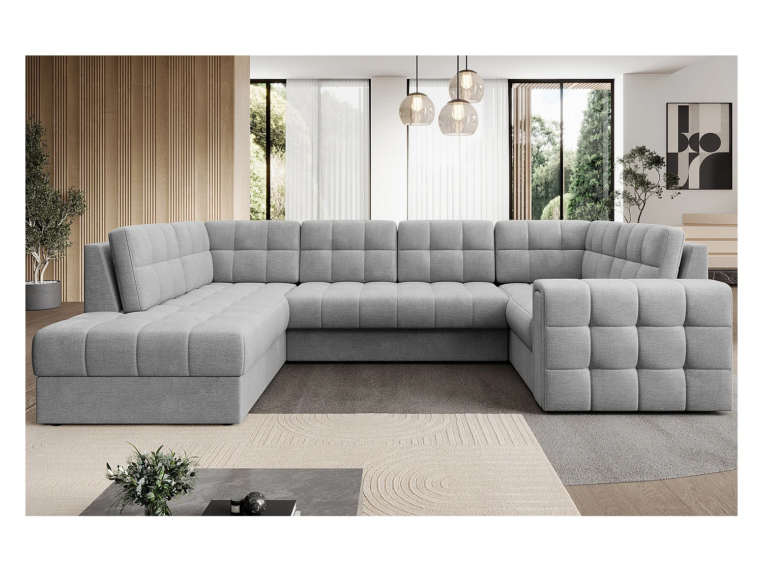 Canapé panoramique BLOOM tissu capitonné - Rangement et convertible-Gris clair-Coffre de rangement à gauche