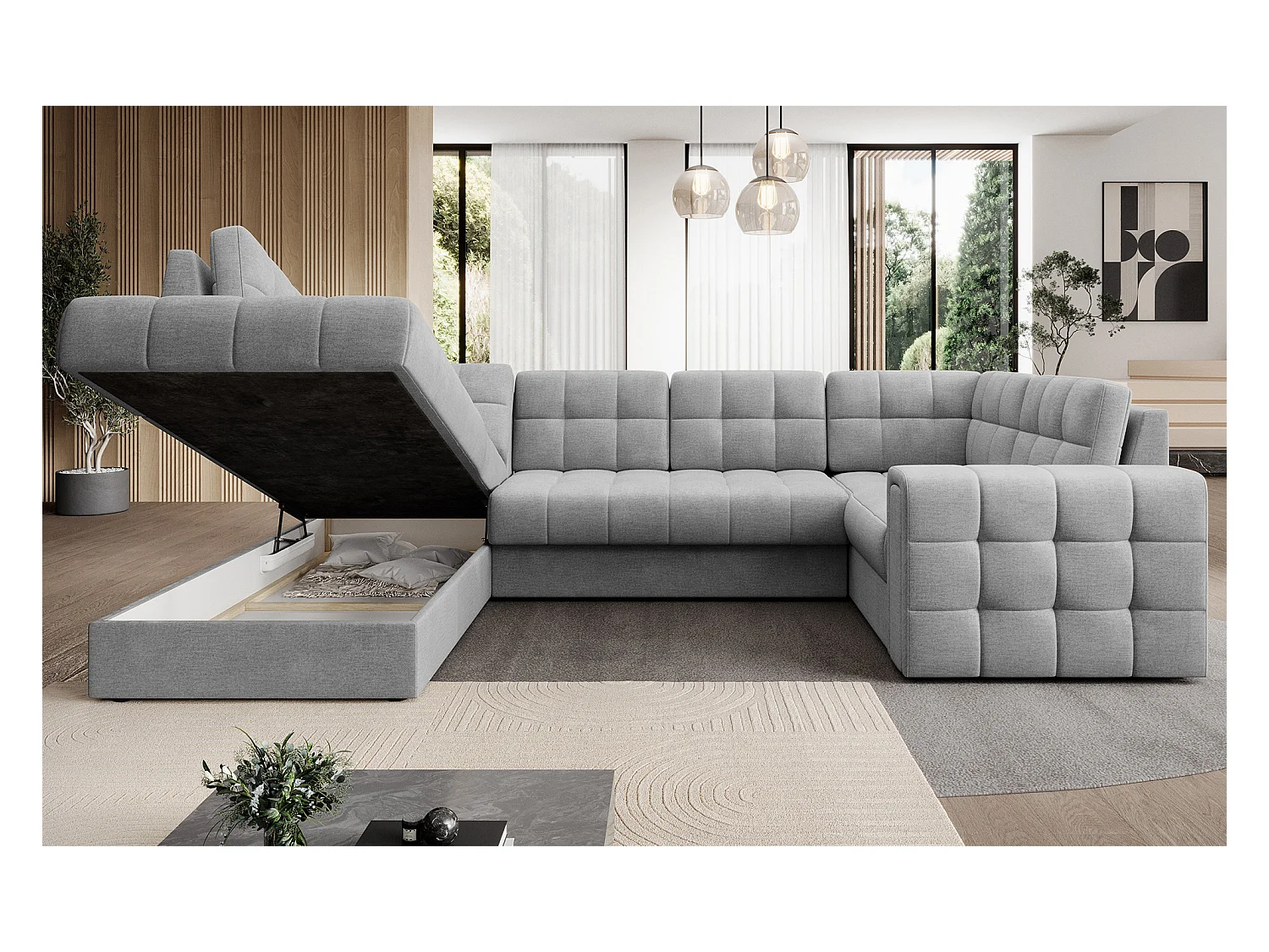 Canapé panoramique BLOOM tissu capitonné - Rangement et convertible-Gris clair-Coffre de rangement à gauche