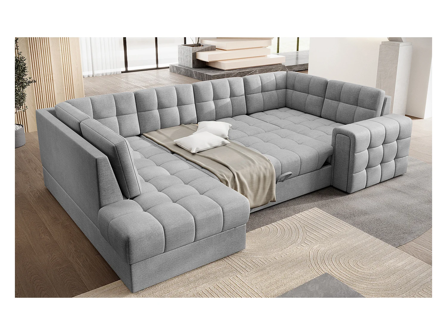 Canapé panoramique BLOOM tissu capitonné - Rangement et convertible-Gris clair-Coffre de rangement à gauche