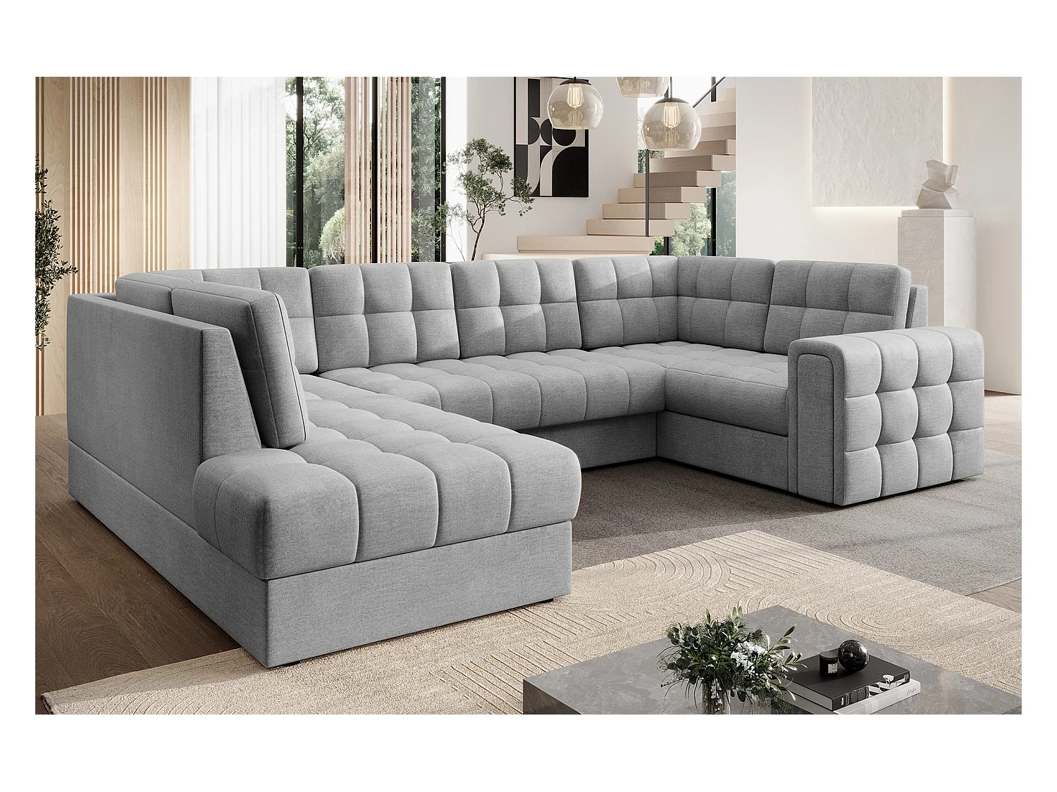 Canapé panoramique BLOOM tissu capitonné - Rangement et convertible-Gris clair-Coffre de rangement à gauche