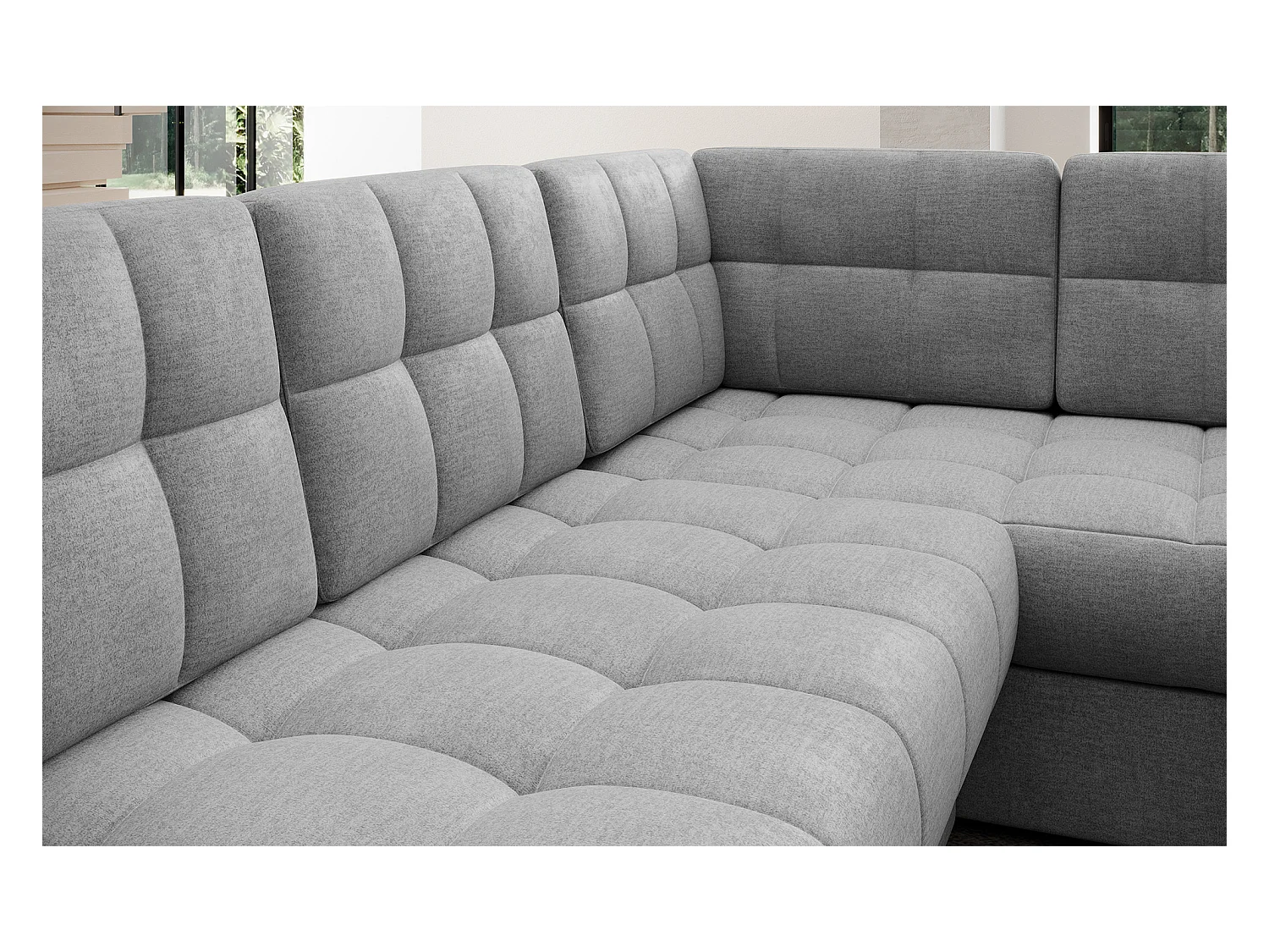 Canapé panoramique BLOOM tissu capitonné - Rangement et convertible-Gris clair-Coffre de rangement à gauche