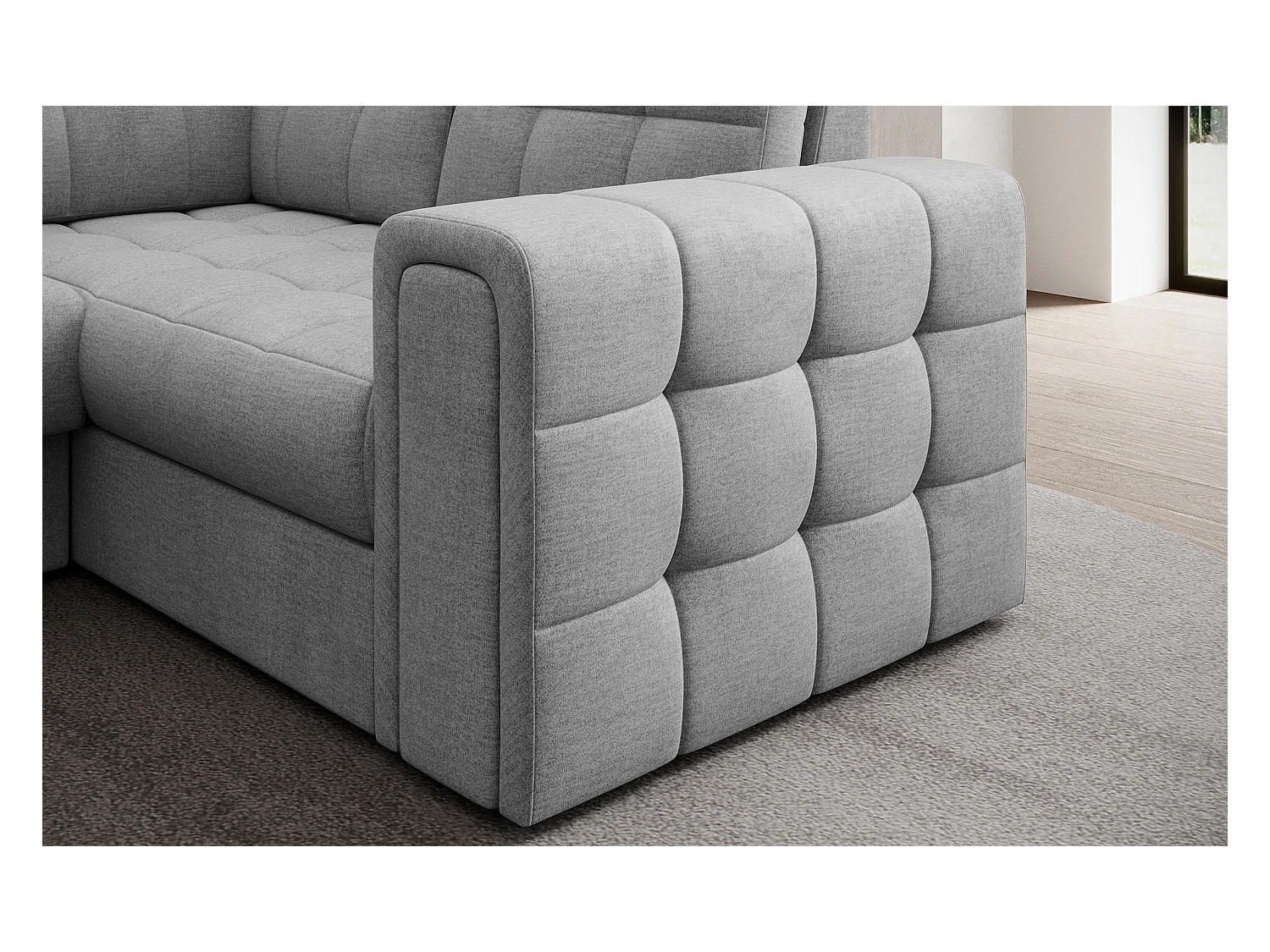 Canapé panoramique BLOOM tissu capitonné - Rangement et convertible-Gris clair-Coffre de rangement à gauche