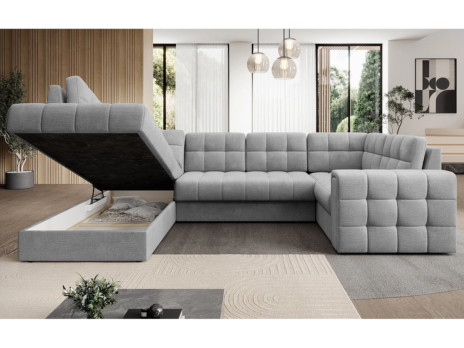 Canapé panoramique BLOOM tissu capitonné - Rangement et convertible-Gris clair-Coffre de rangement à gauche
