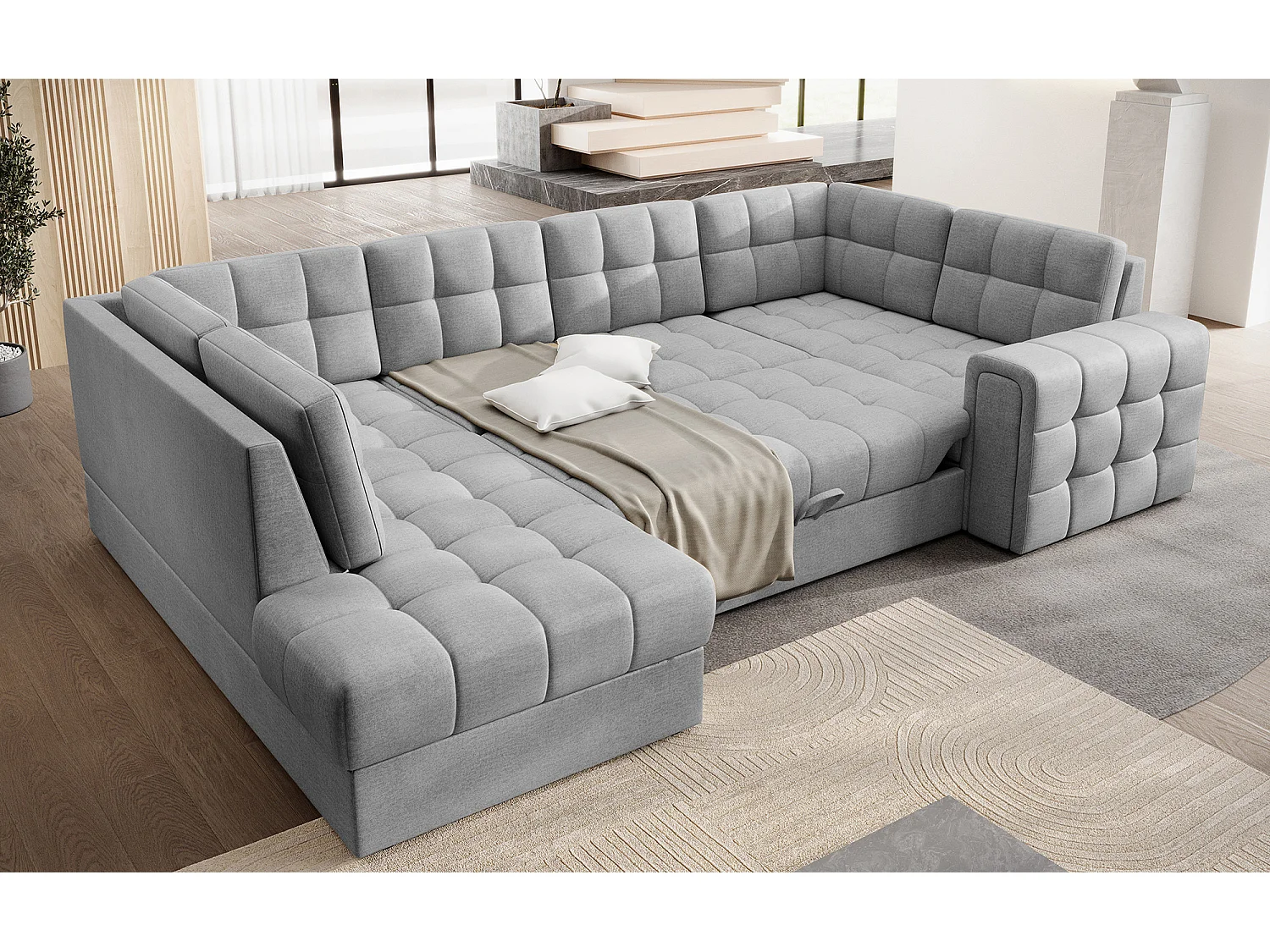 Canapé panoramique BLOOM tissu capitonné - Rangement et convertible-Gris clair-Coffre de rangement à gauche