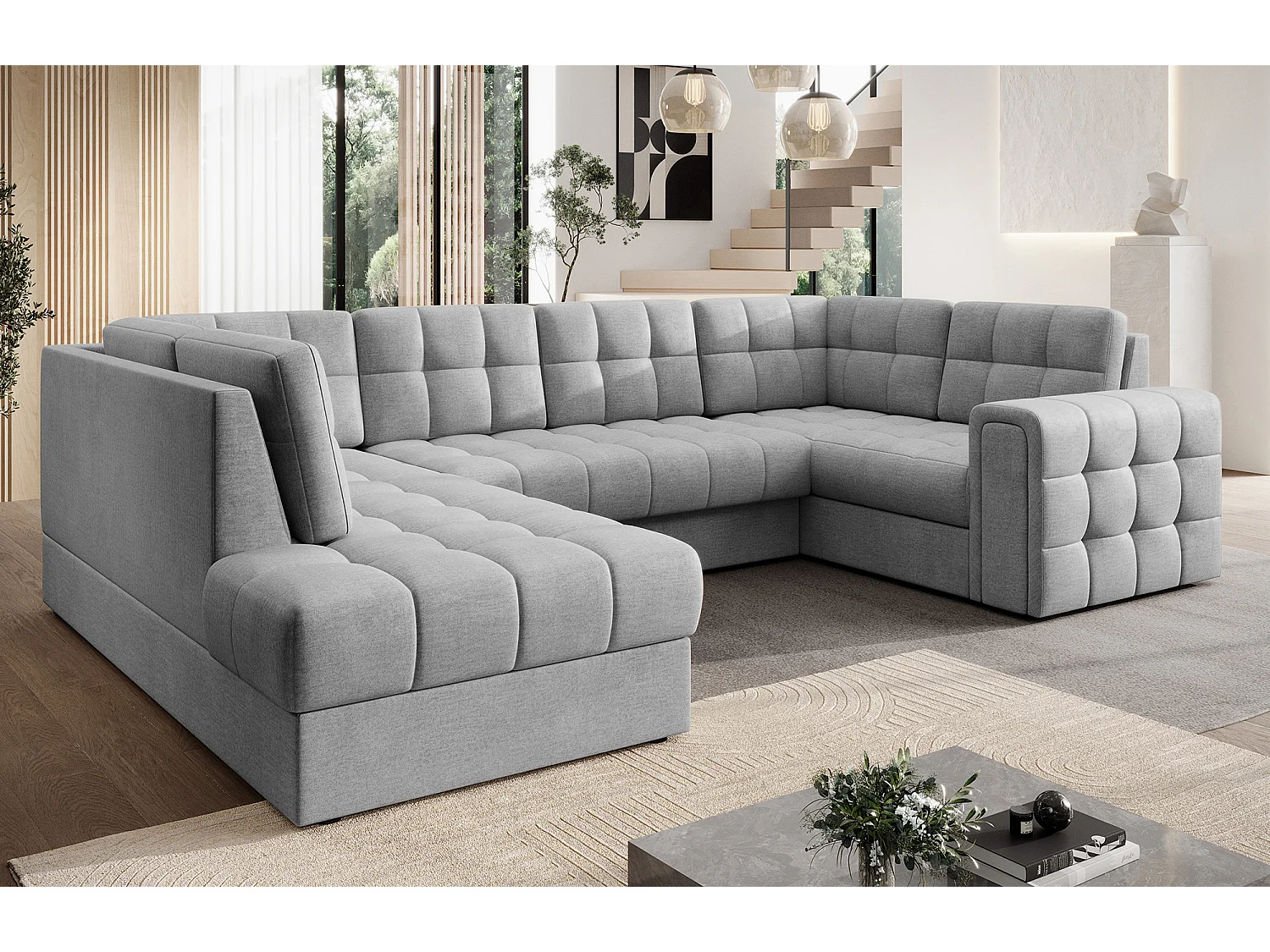 Canapé panoramique BLOOM tissu capitonné - Rangement et convertible-Gris clair-Coffre de rangement à gauche