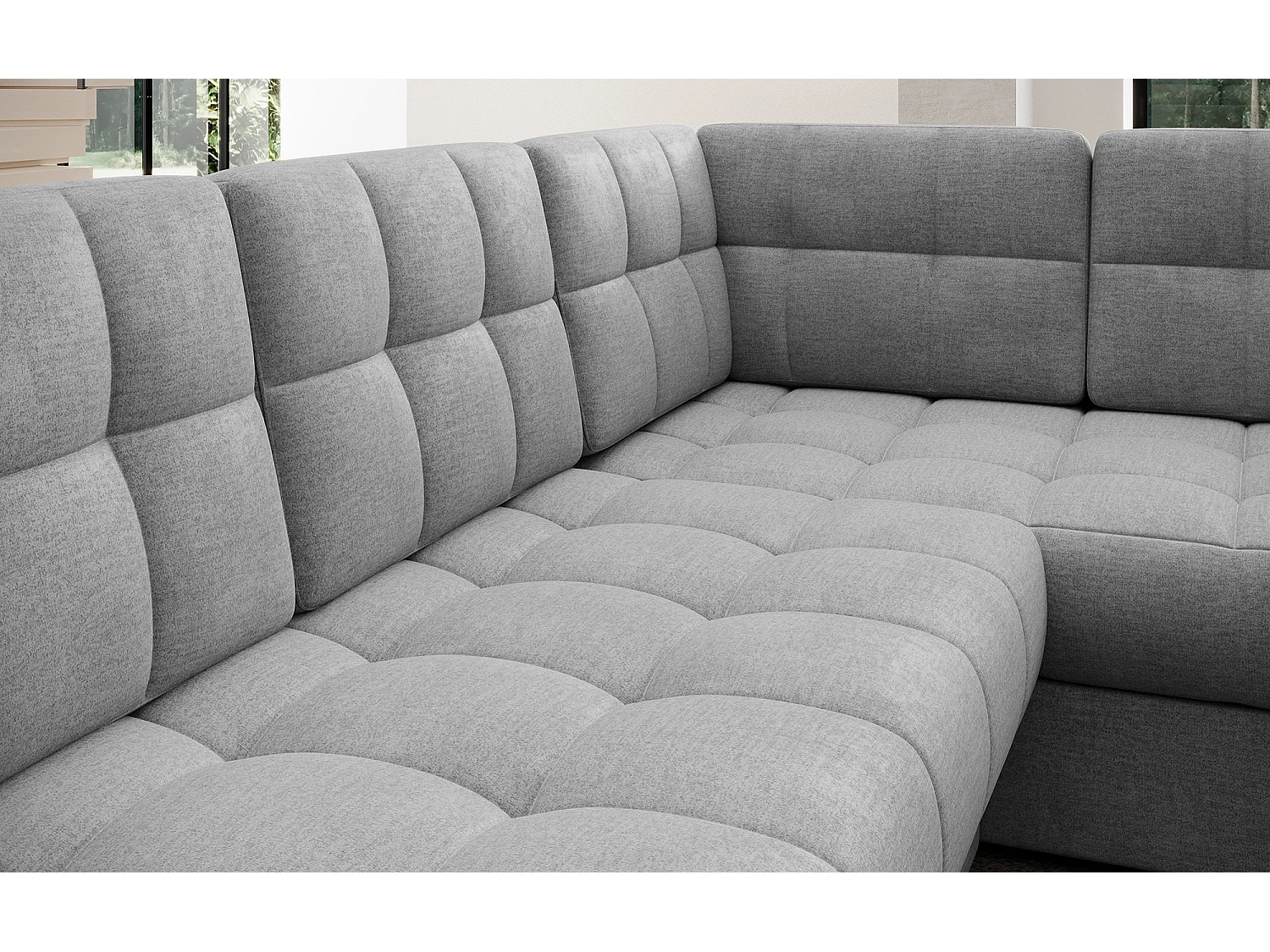 Canapé panoramique BLOOM tissu capitonné - Rangement et convertible-Gris clair-Coffre de rangement à gauche