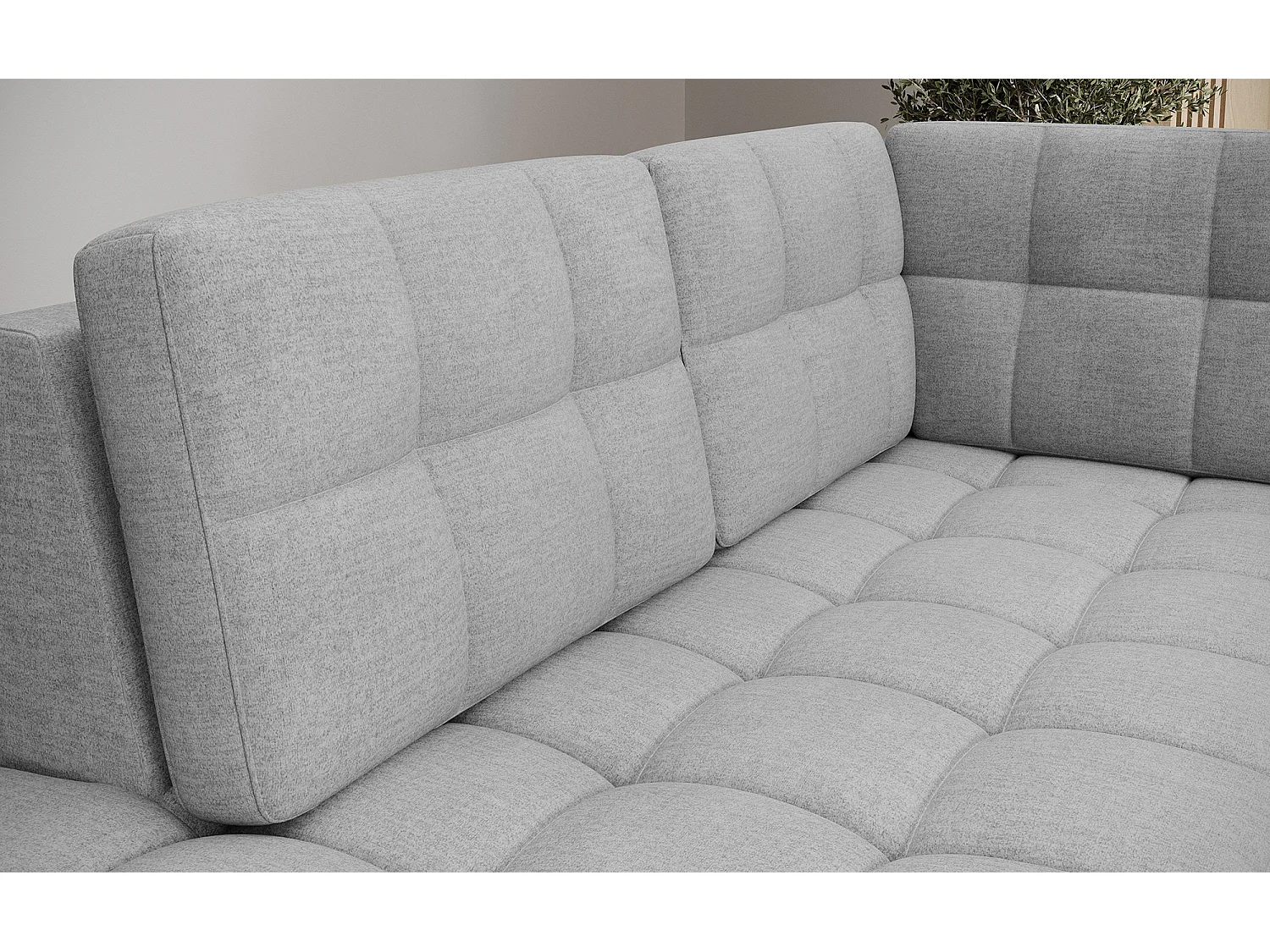 Canapé panoramique BLOOM tissu capitonné - Rangement et convertible-Gris clair-Coffre de rangement à gauche