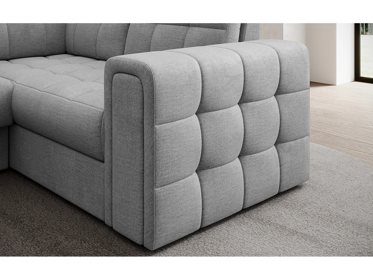 Canapé panoramique BLOOM tissu capitonné - Rangement et convertible-Gris clair-Coffre de rangement à gauche