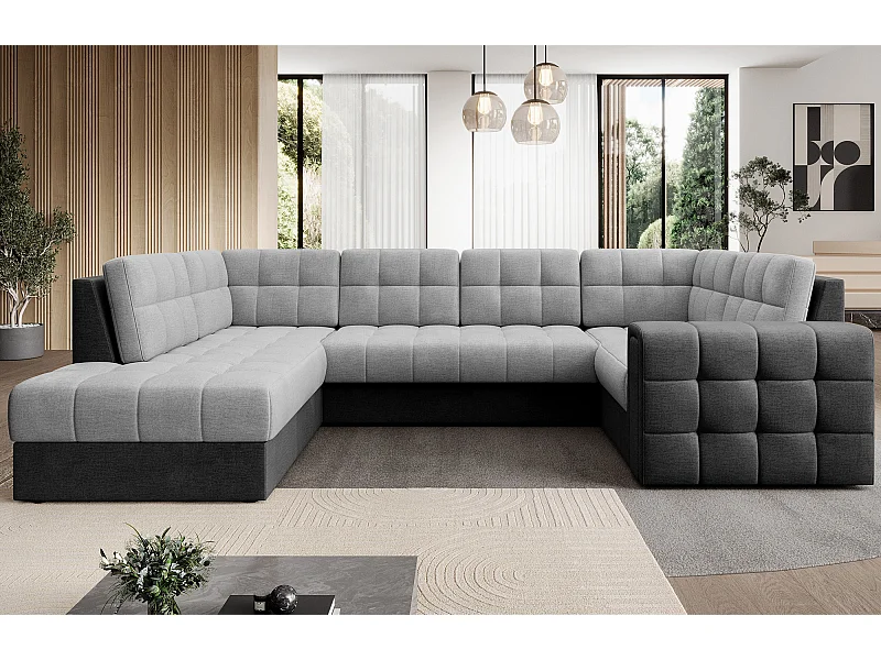 Canapé panoramique BLOOM tissu capitonné - Rangement et convertible-Gris foncé/Gris-Coffre de rangement à gauche