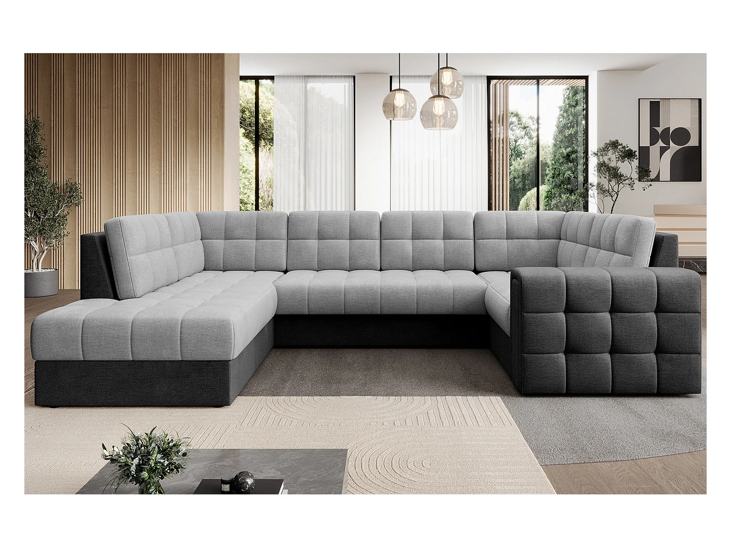 Canapé panoramique BLOOM tissu capitonné - Rangement et convertible-Gris foncé/Gris-Coffre de rangement à gauche