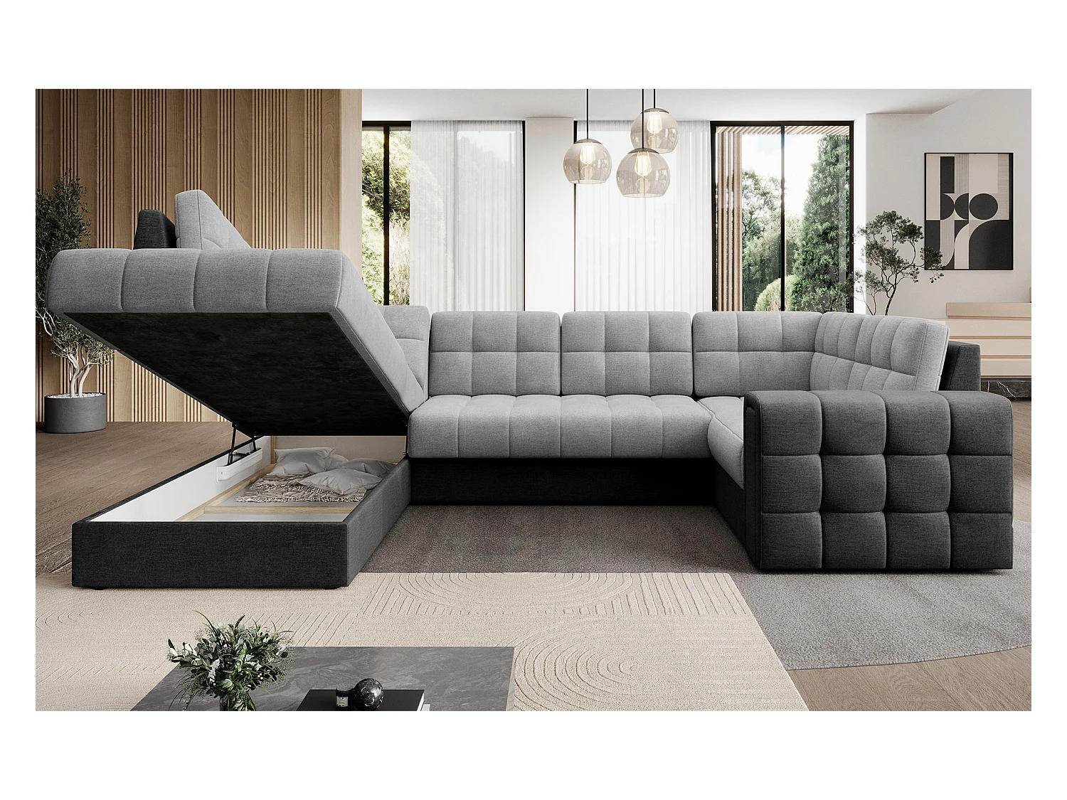Canapé panoramique BLOOM tissu capitonné - Rangement et convertible-Gris foncé/Gris-Coffre de rangement à gauche