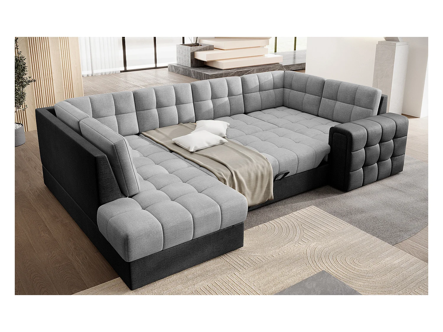 Canapé panoramique BLOOM tissu capitonné - Rangement et convertible-Gris foncé/Gris-Coffre de rangement à gauche