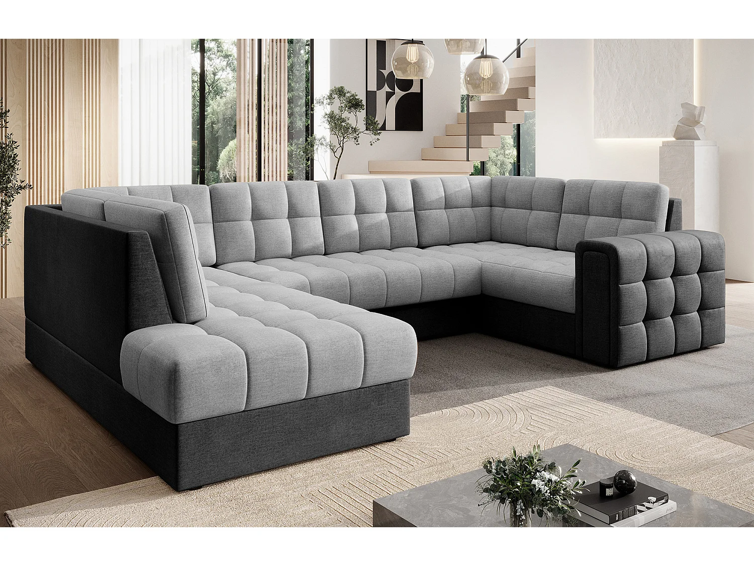 Canapé panoramique BLOOM tissu capitonné - Rangement et convertible-Gris foncé/Gris-Coffre de rangement à gauche