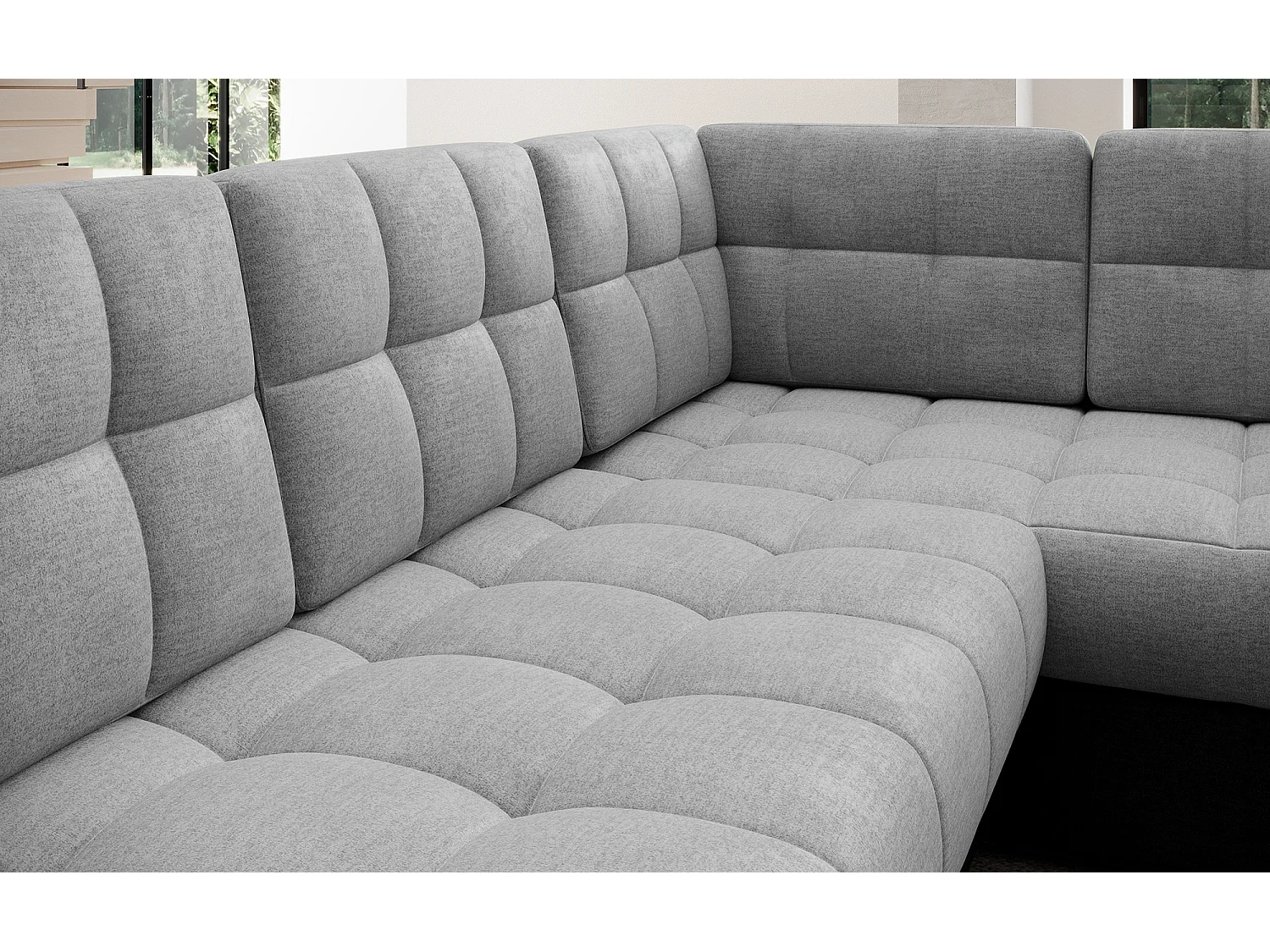 Canapé panoramique BLOOM tissu capitonné - Rangement et convertible-Gris foncé/Gris-Coffre de rangement à gauche