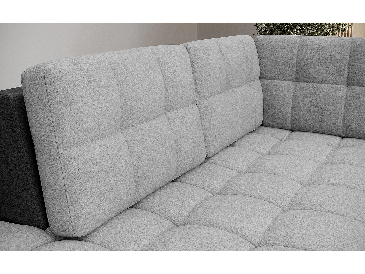 Canapé panoramique BLOOM tissu capitonné - Rangement et convertible-Gris foncé/Gris-Coffre de rangement à gauche