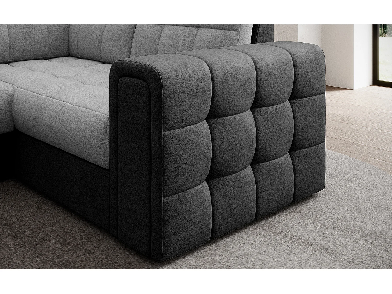 Canapé panoramique BLOOM tissu capitonné - Rangement et convertible-Gris foncé/Gris-Coffre de rangement à gauche