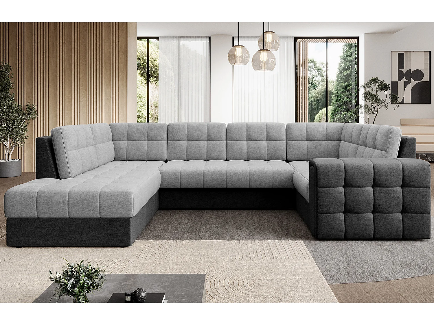 Canapé panoramique BLOOM tissu capitonné - Rangement et convertible-Gris foncé/Gris-Coffre de rangement à gauche