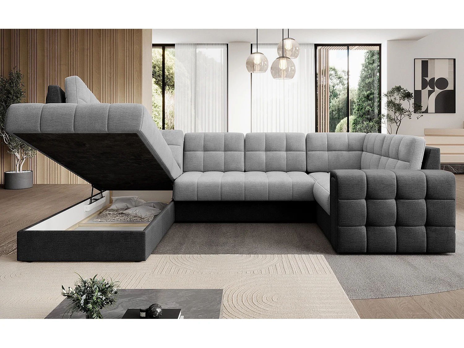 Canapé panoramique BLOOM tissu capitonné - Rangement et convertible-Gris foncé/Gris-Coffre de rangement à gauche