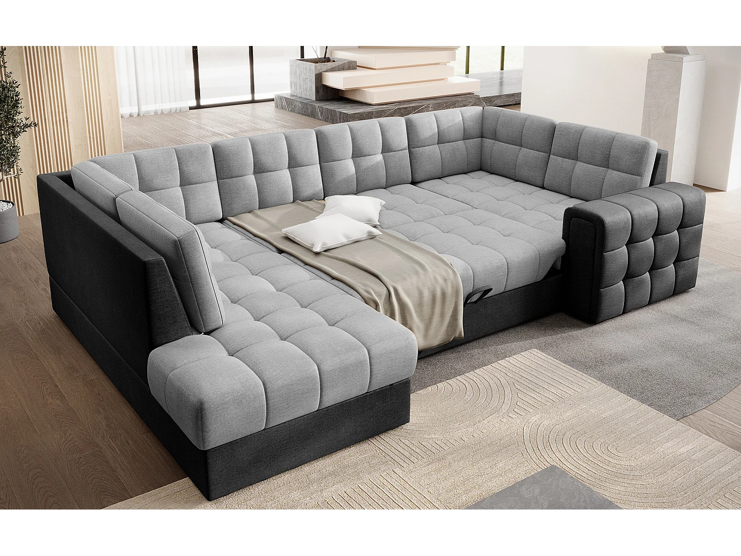 Canapé panoramique BLOOM tissu capitonné - Rangement et convertible-Gris foncé/Gris-Coffre de rangement à gauche