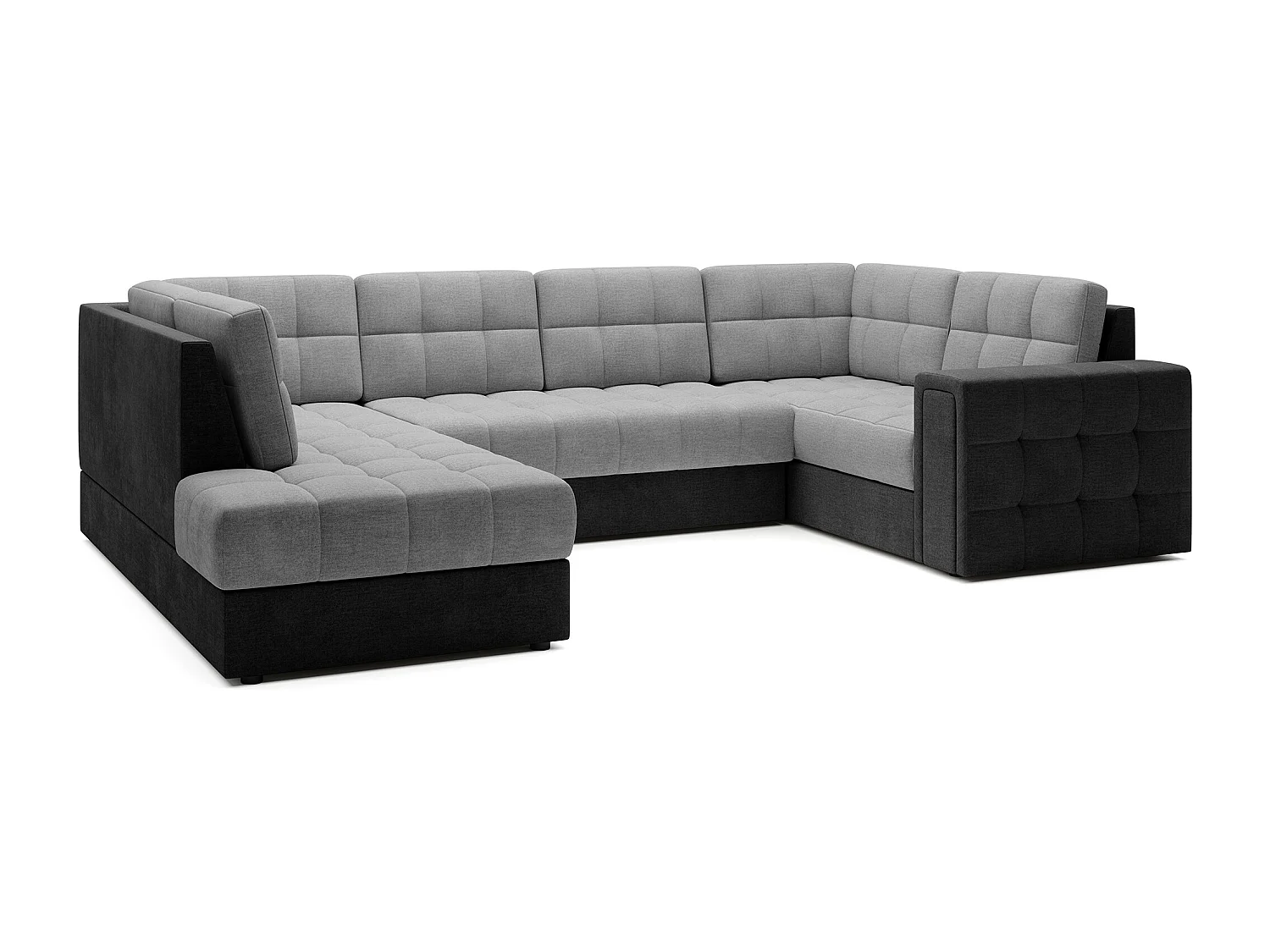 Canapé panoramique BLOOM tissu capitonné - Rangement et convertible-Gris foncé/Gris-Coffre de rangement à gauche