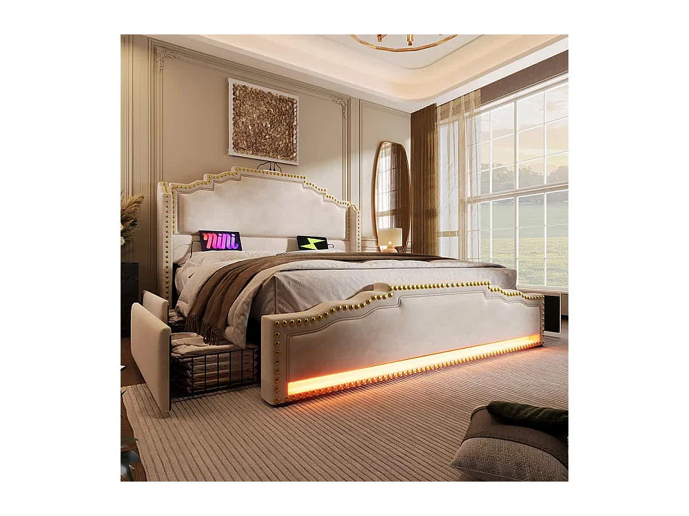 Lit avec rangement 140x200 lit double pour adolescent avec 4 tiroirs lumière LED et port de charge USB-C avec matelas en velours beige