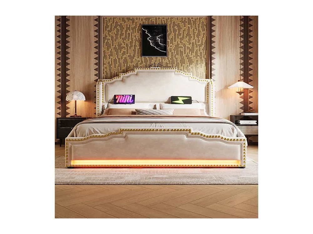 Lit avec rangement 140x200 lit double pour adolescent avec 4 tiroirs lumière LED et port de charge USB-C avec matelas en velours beige