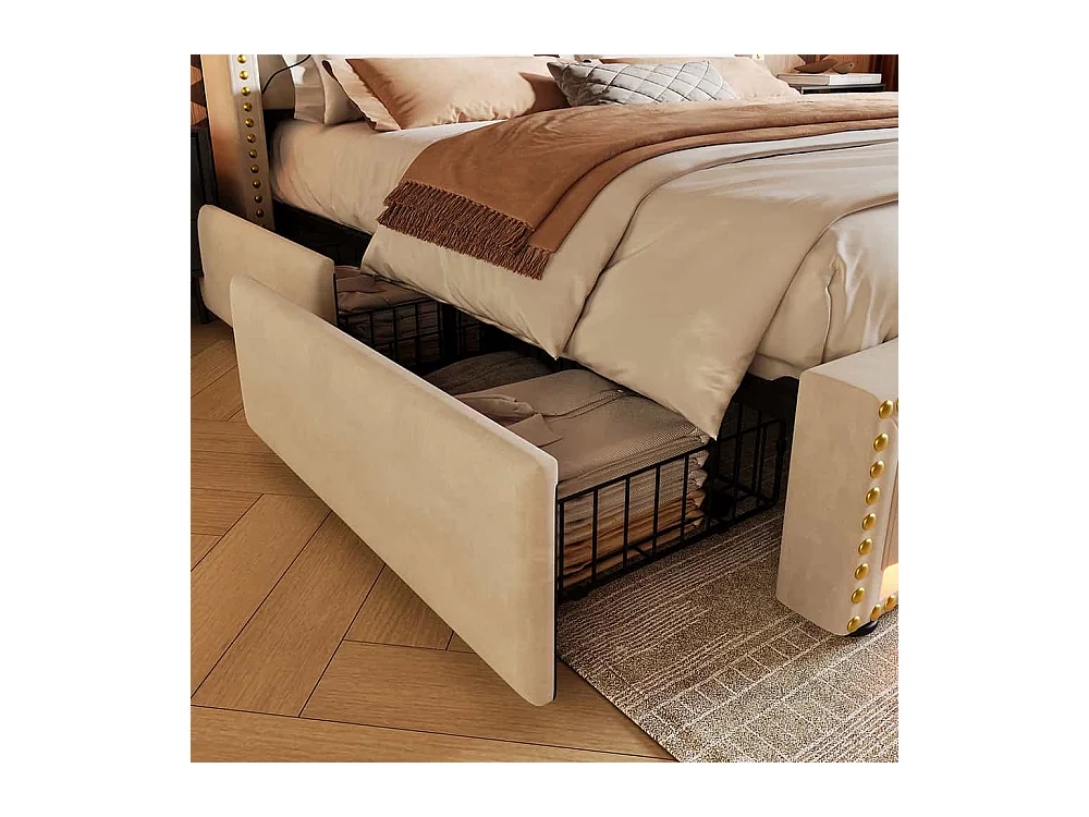 Lit avec rangement 140x200 lit double pour adolescent avec 4 tiroirs lumière LED et port de charge USB-C avec matelas en velours beige