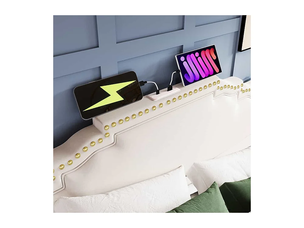 Lit avec rangement 140x200 lit double pour adolescent avec 4 tiroirs lumière LED et port de charge USB-C avec matelas en velours beige