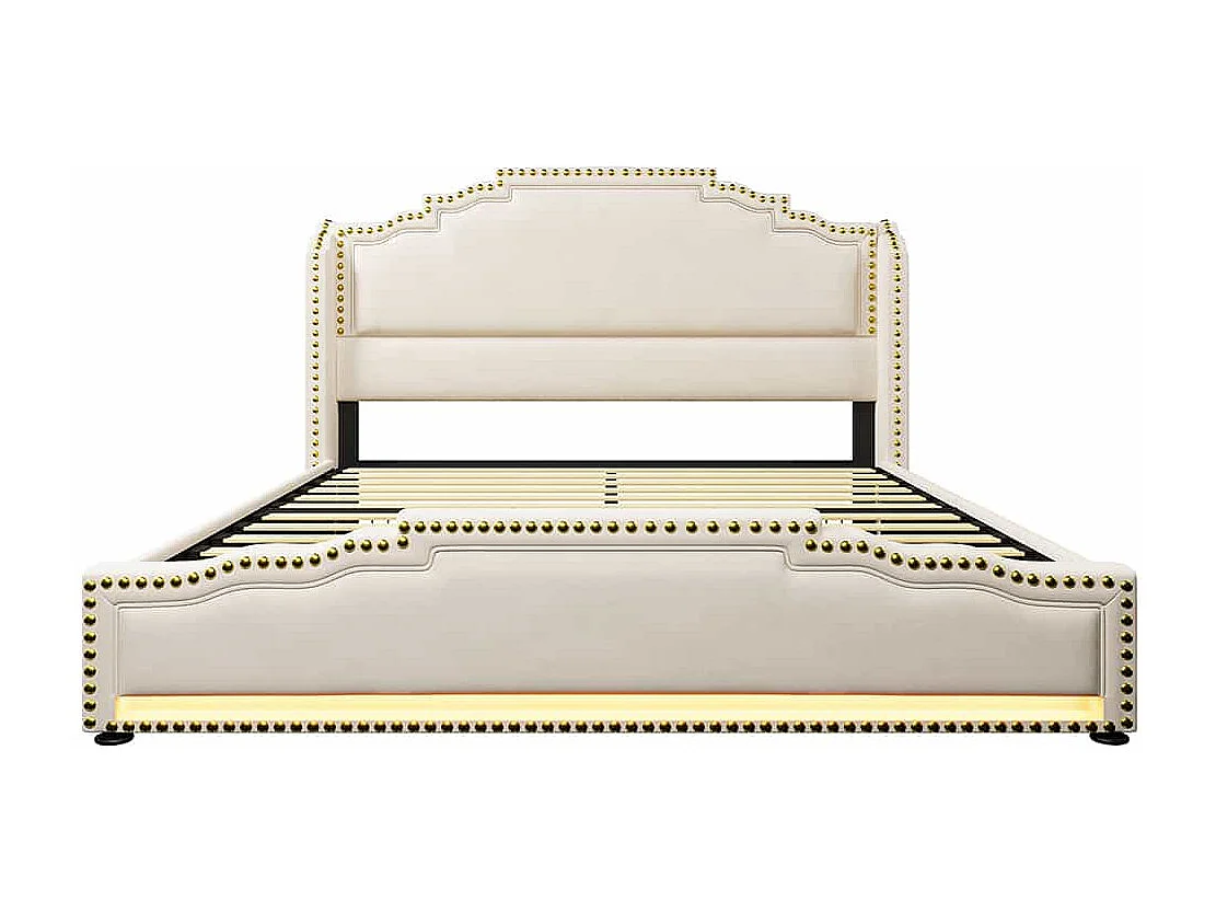 Lit avec rangement 140x200 lit double pour adolescent avec 4 tiroirs lumière LED et port de charge USB-C avec matelas en velours beige