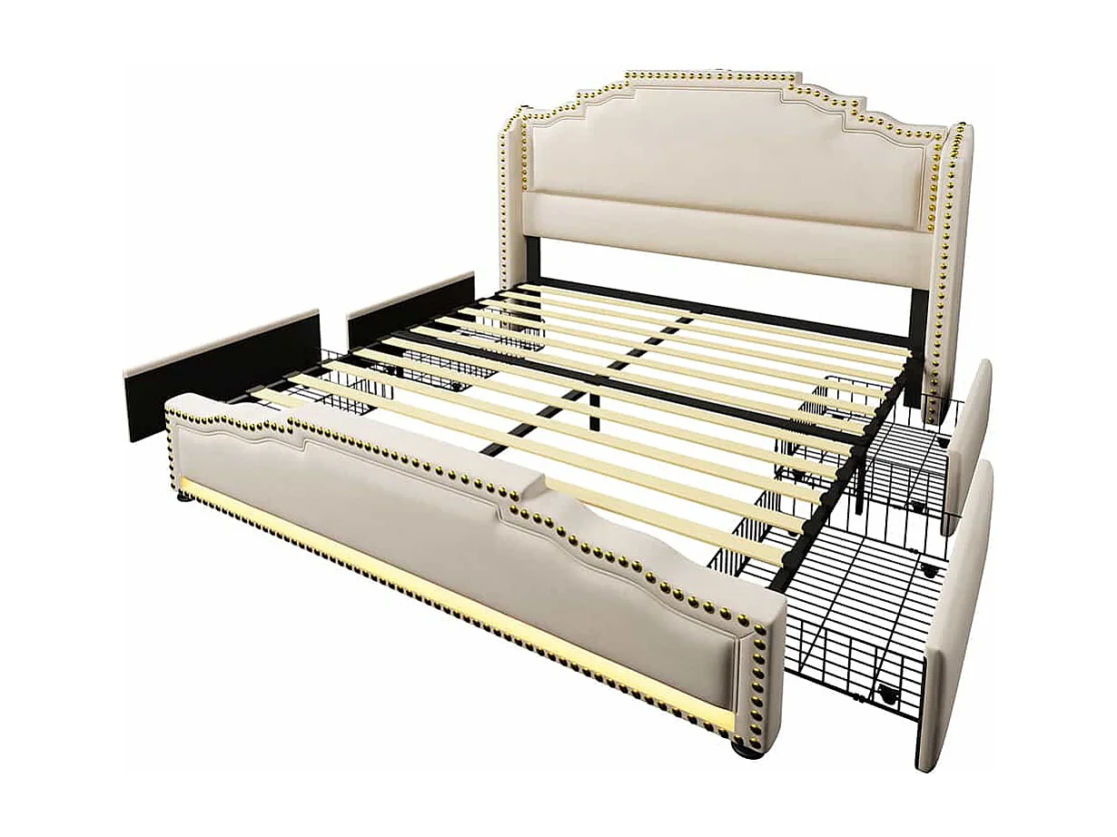 Lit avec rangement 140x200 lit double pour adolescent avec 4 tiroirs lumière LED et port de charge USB-C avec matelas en velours beige