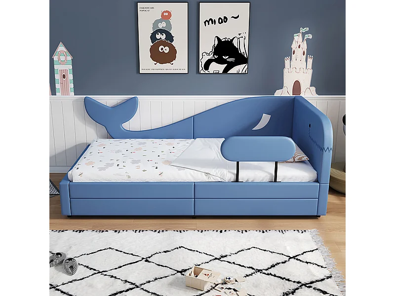 Bed met 2 lades 90x200 voor kinderen, walvisontwerp met metalen lattenbodem op wieltjes, structuur van blauw MDF