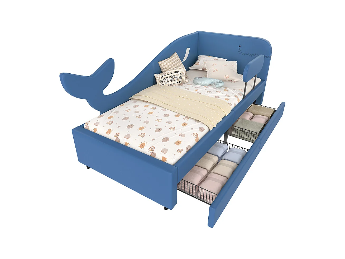 Lit avec 2 tiroirs 90x200 pour enfant design baleine avec sommier en métal sur roulettes structure MDF bleu