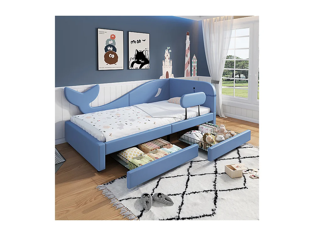 Lit avec 2 tiroirs 90x200 pour enfant design baleine avec sommier en métal sur roulettes structure MDF bleu