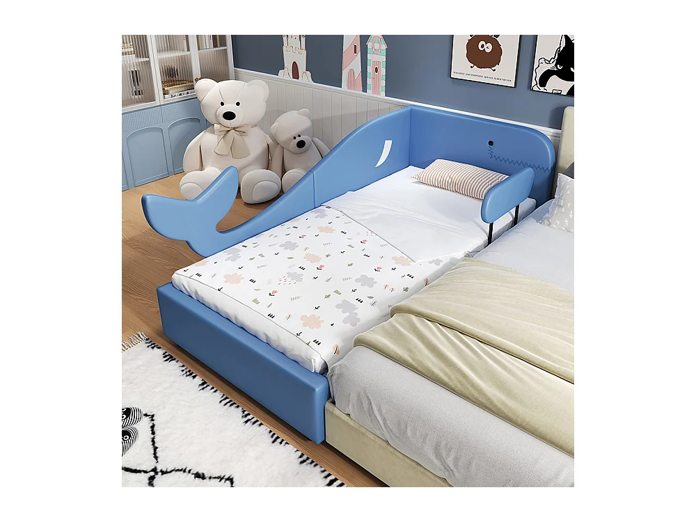 Lit avec 2 tiroirs 90x200 pour enfant design baleine avec sommier en métal sur roulettes structure MDF bleu