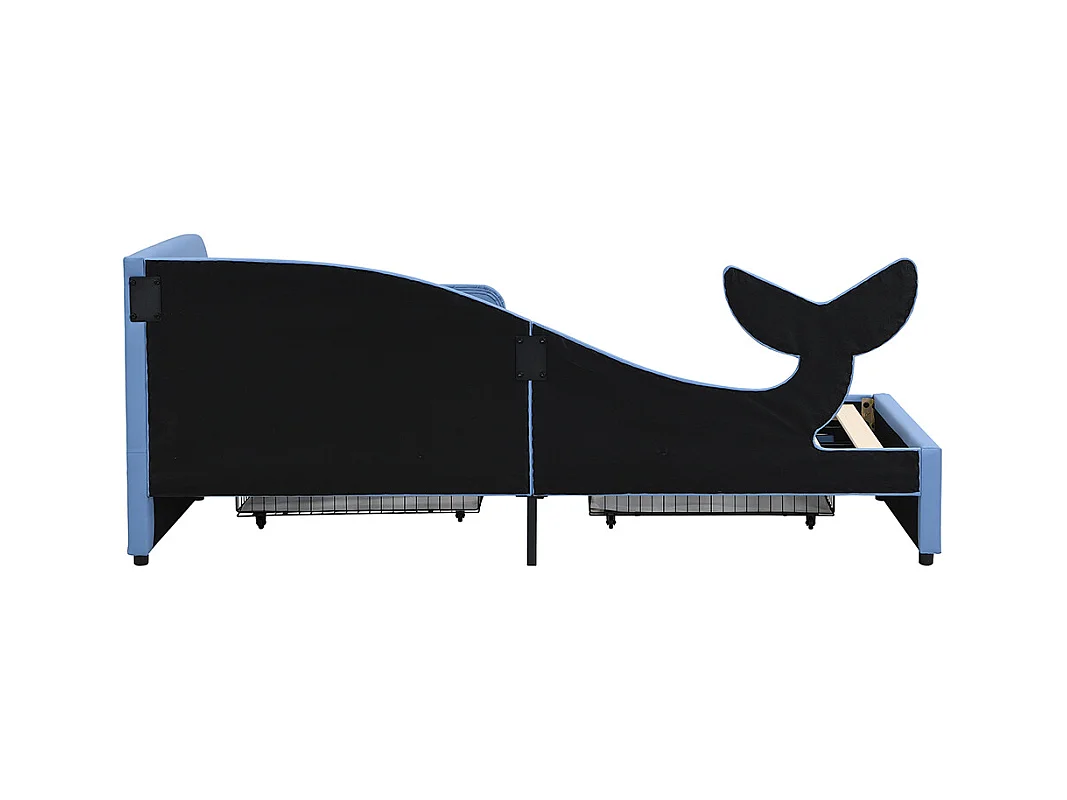 Lit avec 2 tiroirs 90x200 pour enfant design baleine avec sommier en métal sur roulettes structure MDF bleu