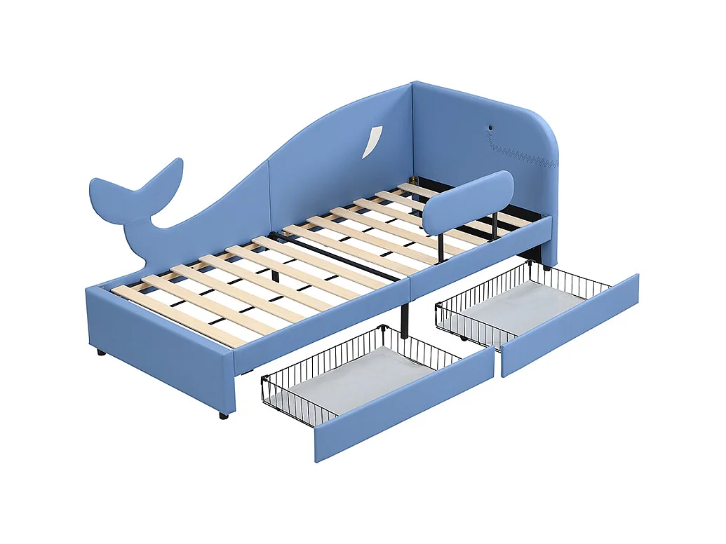 Lit avec 2 tiroirs 90x200 pour enfant design baleine avec sommier en métal sur roulettes structure MDF bleu