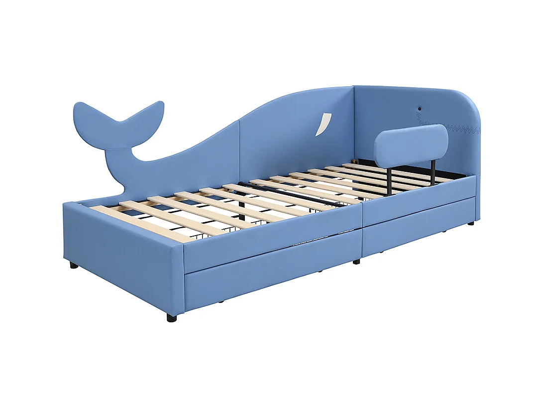 Lit avec 2 tiroirs 90x200 pour enfant design baleine avec sommier en métal sur roulettes structure MDF bleu