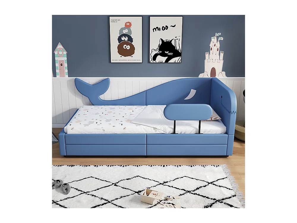 Bed met 2 lades 90x200 voor kinderen, walvisontwerp met metalen lattenbodem op wieltjes, structuur van blauw MDF