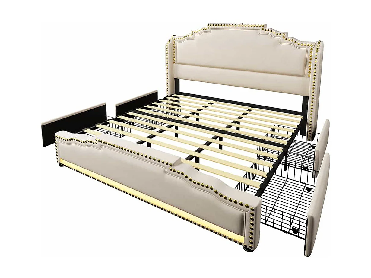 Bed met opbergruimte 180x200 tweepersoonsbed voor tieners met 4 lades, ledverlichting en USB-C-oplaadpoort, zonder matras, in beige fluweel