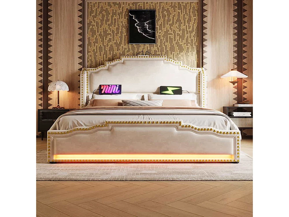 Bed met opbergruimte 180x200 tweepersoonsbed voor tieners met 4 lades, ledverlichting en USB-C-oplaadpoort, zonder matras, in beige fluweel