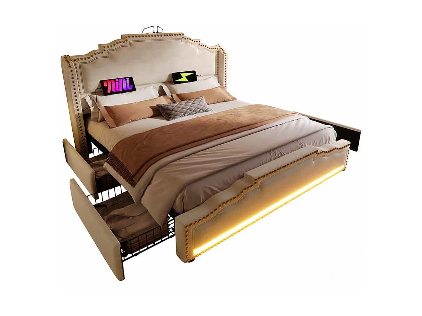 Bed met opbergruimte 180x200 tweepersoonsbed voor tieners met 4 lades, ledverlichting en USB-C-oplaadpoort, zonder matras, in beige fluweel
