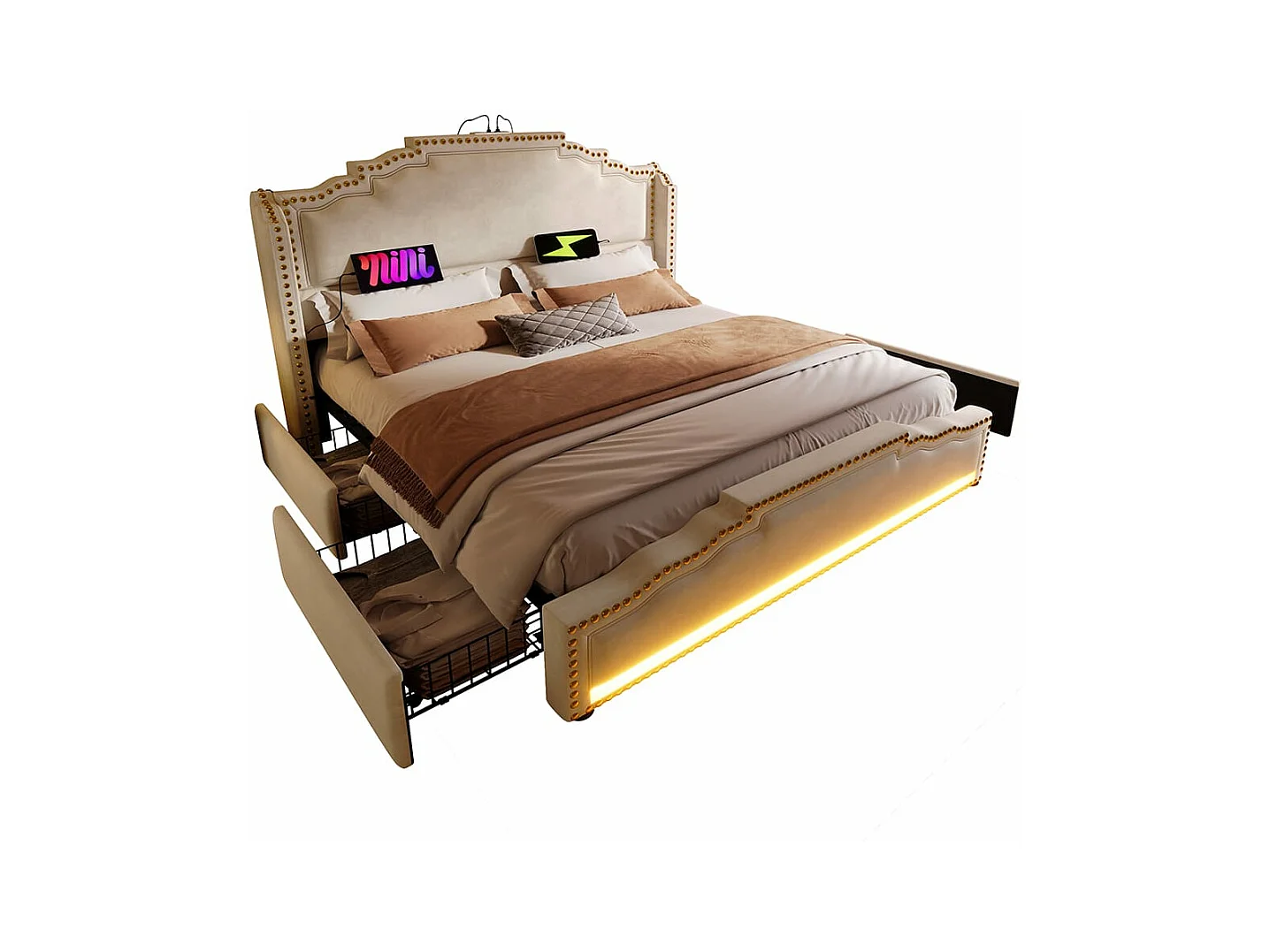 Lit avec rangement 160x200 lit double pour adolescent avec 4 tiroirs lumière LED et port de charge USB-C avec matelas en velours beige