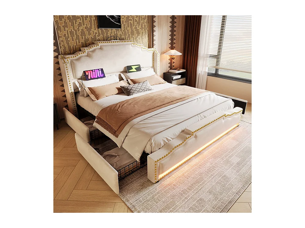 Lit avec rangement 160x200 lit double pour adolescent avec 4 tiroirs lumière LED et port de charge USB-C avec matelas en velours beige