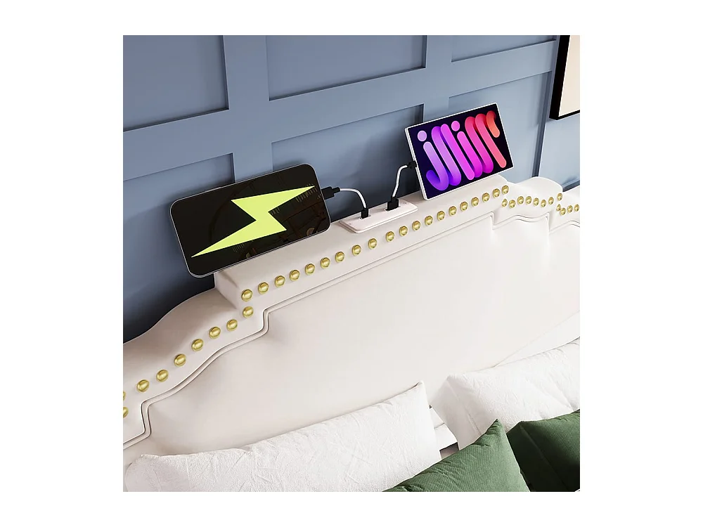 Lit avec rangement 160x200 lit double pour adolescent avec 4 tiroirs lumière LED et port de charge USB-C avec matelas en velours beige