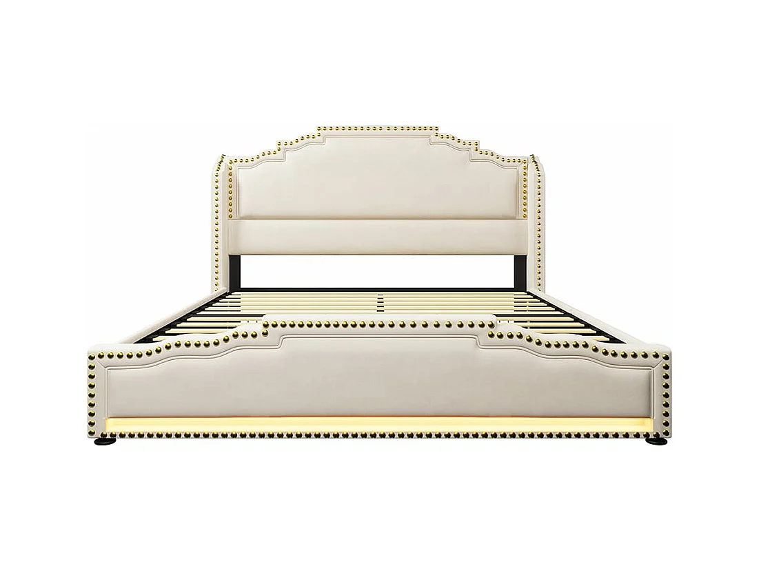 Lit avec rangement 160x200 lit double pour adolescent avec 4 tiroirs lumière LED et port de charge USB-C avec matelas en velours beige