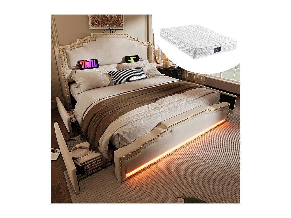 Bed met opbergruimte 160x200 tweepersoonsbed voor tieners met 4 lades, ledverlichting en USB-C-oplaadpoort met matras in beige fluweel