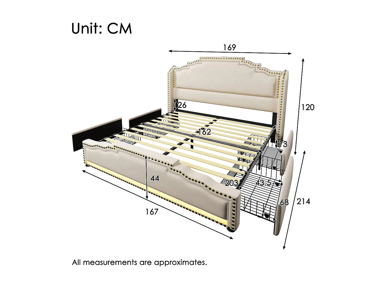 Bed met opbergruimte 160x200 tweepersoonsbed voor tieners met 4 lades, ledverlichting en USB-C-oplaadpoort met matras in beige fluweel